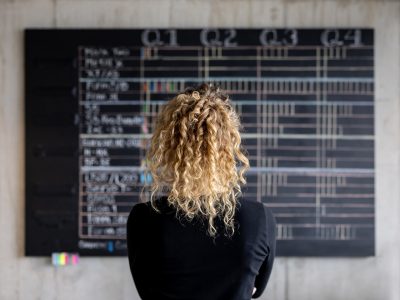 Rear view of a business woman looking at the project management calendar in her office - business concepts